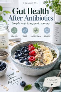 Nutrition graphic about supporting gut health after antibiotics for Tranquilla Wellness