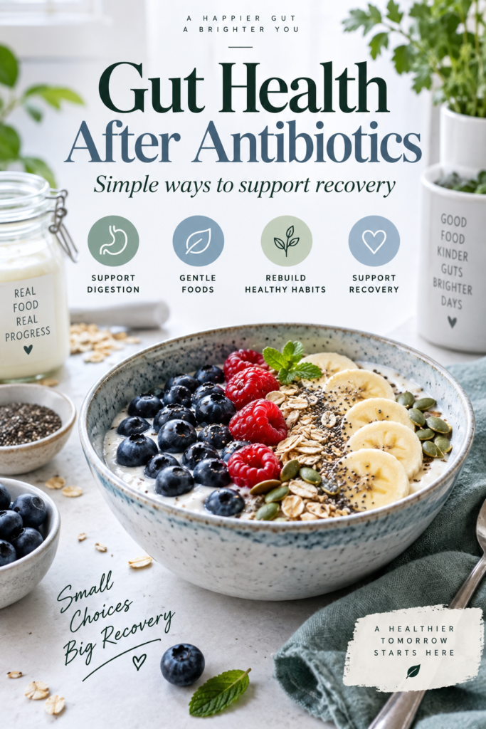 Nutrition graphic about supporting gut health after antibiotics for Tranquilla Wellness