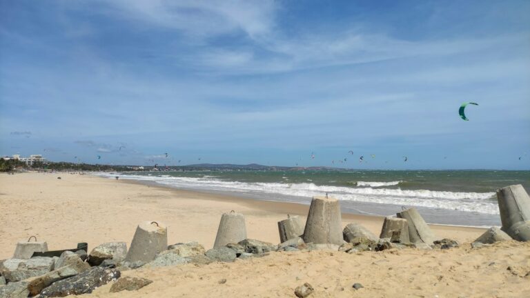 Several kitesurfers riding on the water beneath colorful kites; stock photograph