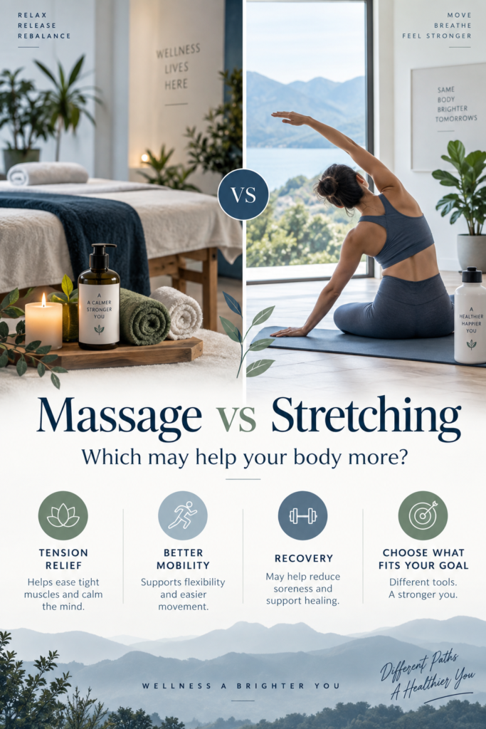 Wellness comparison graphic for massage versus stretching on Tranquilla Wellness